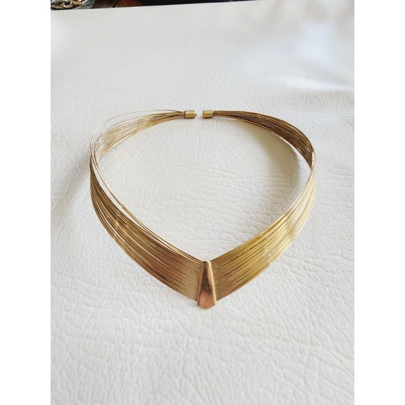 Vintage Gold Tone Wire Choker V  Collar Necklace Multi Layered Wire Choker - Picture 1 of 5